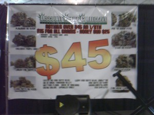 Discount Relief Collective at this year's "Spring Gathering" in San Bernardino, advertising "Nothing over $45/eighth. $15 for all grams."