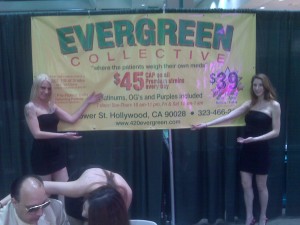 Evergreen Collective, one of many advertising at this year's THC Exposé in LA, promoting their $45/4-gram eighth ounce "specials".